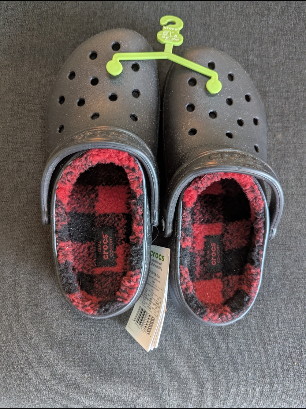 CROCS  Black Clogs with Red Plaid Lining